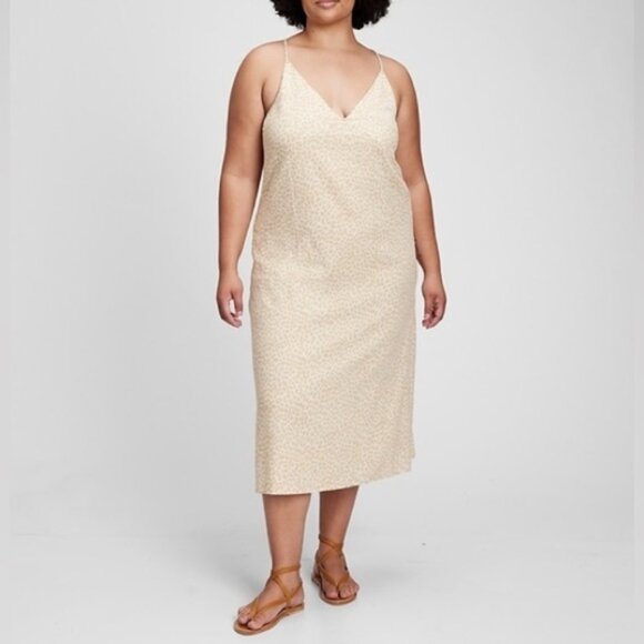 New Gap Linen Blend Cami Midi Dress Beige Leopard Print Size 18 bin 1B - Picture 1 of 6